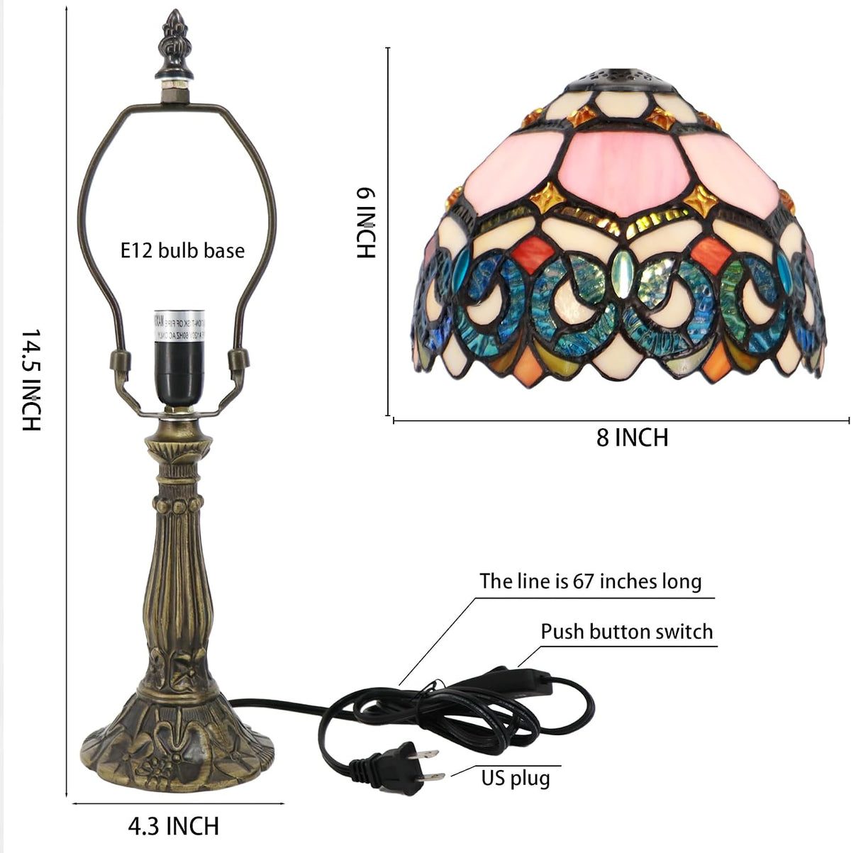 Tiffany Table Lamp Stained Glass Bedside Accent Light 8X8X14.5 inch