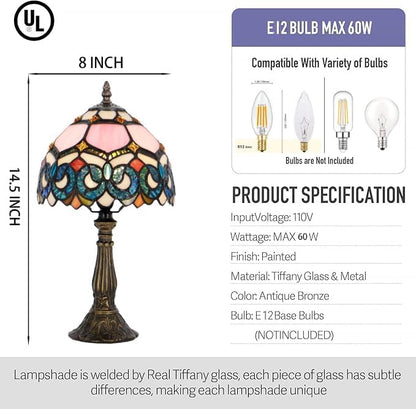 Tiffany Table Lamp Stained Glass Bedside Accent Light 8X8X14.5 inch