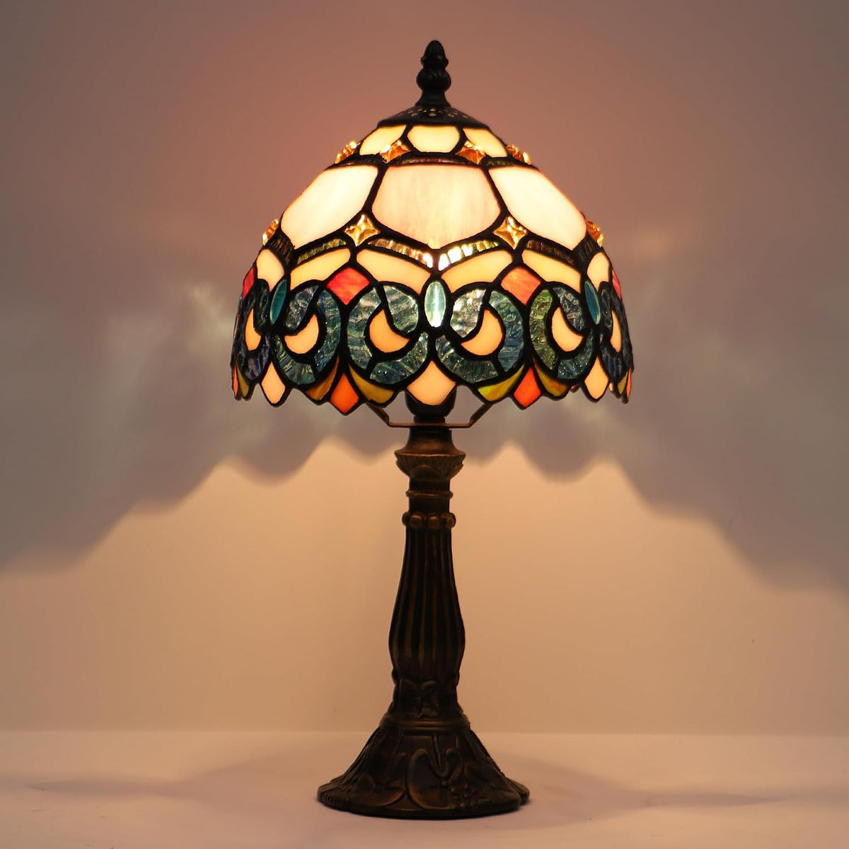 Tiffany Table Lamp Stained Glass Bedside Accent Light 8X8X14.5 inch