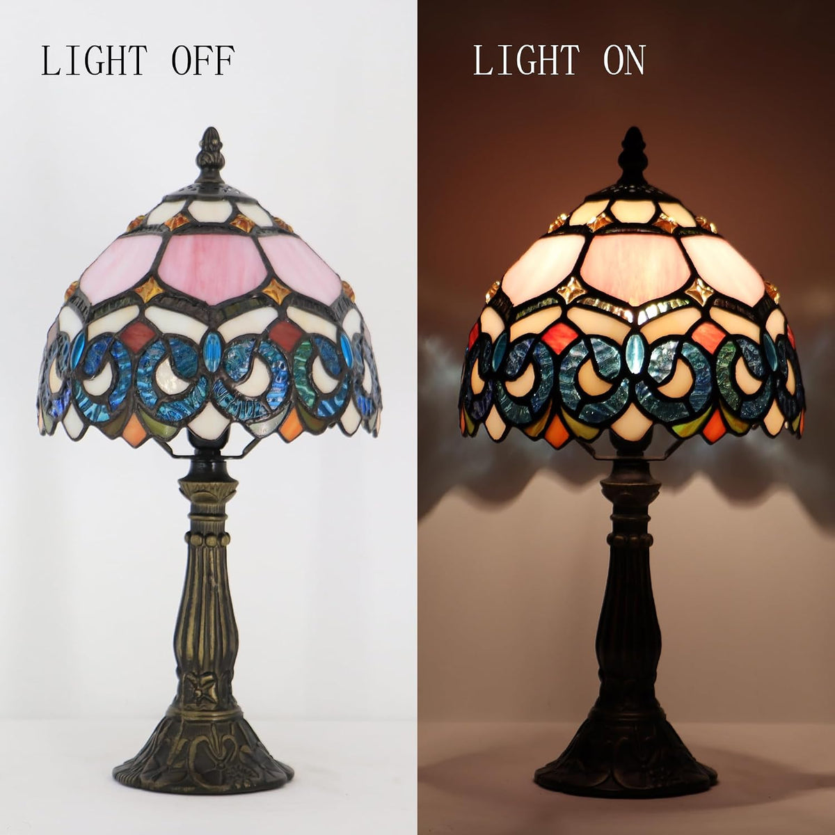 Tiffany Table Lamp Stained Glass Bedside Accent Light 8X8X14.5 inch