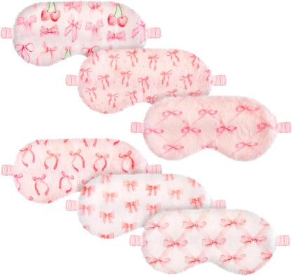 6 Pack Fuzzy Sleep Masks Plush Eye Mask,Bow,Pink