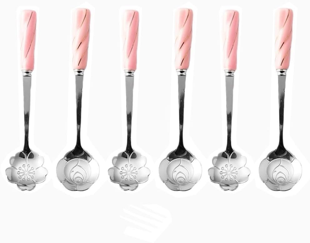 6 Piece Set -12cm/4.7 Inch Stainless Steel Silverware Spoon Creative Marble Dessert Ice Cream Spoon Rice Spoon Soup Spoon Coffee Spoon (Pink Silver)