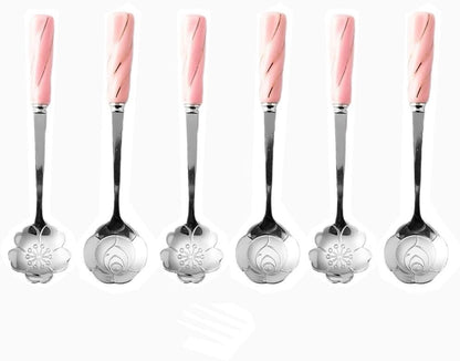 6 Piece Set -12cm/4.7 Inch Stainless Steel Silverware Spoon Creative Marble Dessert Ice Cream Spoon Rice Spoon Soup Spoon Coffee Spoon (Pink Silver)