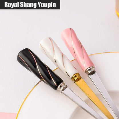 6 Piece Set -12cm/4.7 Inch Stainless Steel Silverware Spoon Creative Marble Dessert Ice Cream Spoon Rice Spoon Soup Spoon Coffee Spoon (Pink Silver)