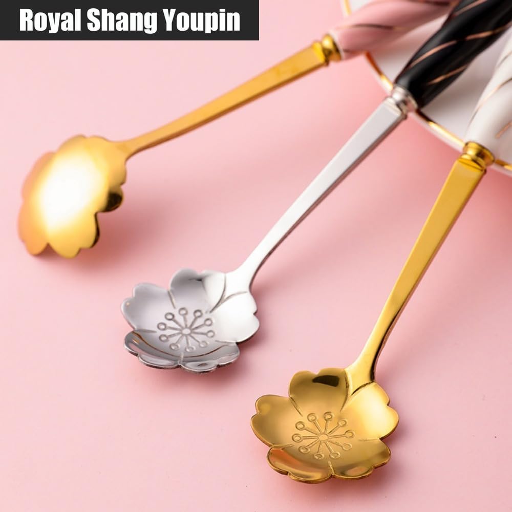 6 Piece Set -12cm/4.7 Inch Stainless Steel Silverware Spoon Creative Marble Dessert Ice Cream Spoon Rice Spoon Soup Spoon Coffee Spoon (Pink Silver)