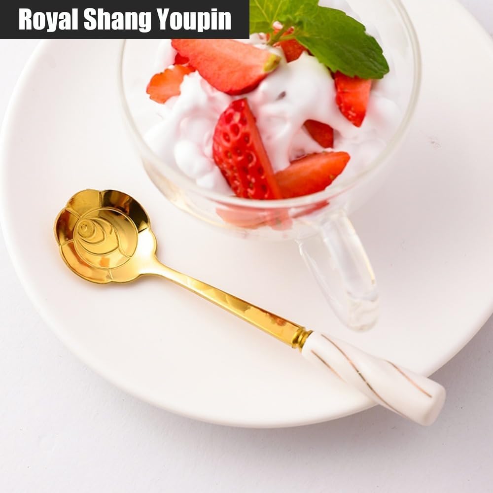 6 Piece Set -12cm/4.7 Inch Stainless Steel Silverware Spoon Creative Marble Dessert Ice Cream Spoon Rice Spoon Soup Spoon Coffee Spoon (Pink Silver)