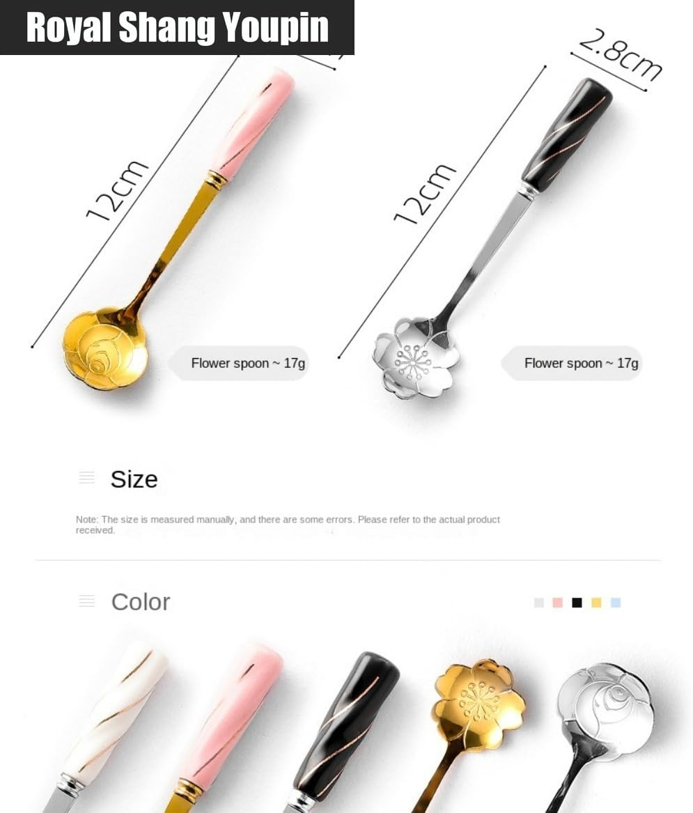 6 Piece Set -12cm/4.7 Inch Stainless Steel Silverware Spoon Creative Marble Dessert Ice Cream Spoon Rice Spoon Soup Spoon Coffee Spoon (Pink Silver)
