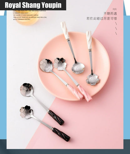 6 Piece Set -12cm/4.7 Inch Stainless Steel Silverware Spoon Creative Marble Dessert Ice Cream Spoon Rice Spoon Soup Spoon Coffee Spoon (Pink Silver)