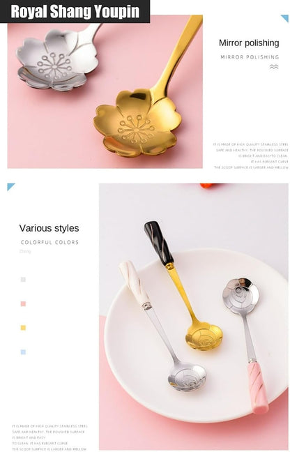 6 Piece Set -12cm/4.7 Inch Stainless Steel Silverware Spoon Creative Marble Dessert Ice Cream Spoon Rice Spoon Soup Spoon Coffee Spoon (Pink Silver)