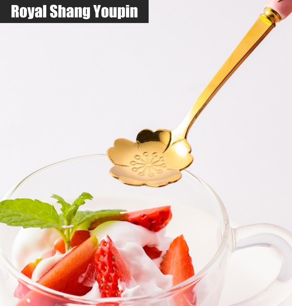 6 Piece Set -12cm/4.7 Inch Stainless Steel Silverware Spoon Creative Marble Dessert Ice Cream Spoon Rice Spoon Soup Spoon Coffee Spoon (Pink Silver)