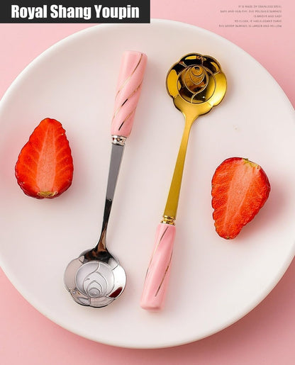 6 Piece Set -12cm/4.7 Inch Stainless Steel Silverware Spoon Creative Marble Dessert Ice Cream Spoon Rice Spoon Soup Spoon Coffee Spoon (Pink Silver)