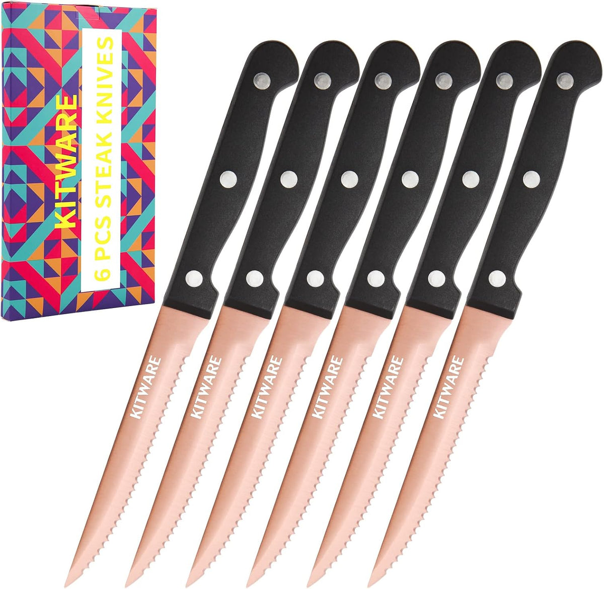 Rose Gold Steak Knife Set, 6-Piece, 4.5 Inch Serrated, Stainless Steel Tableware Cutlery for Vegetables, Meat, Bread and Butter