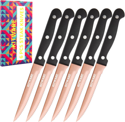 Rose Gold Steak Knife Set, 6-Piece, 4.5 Inch Serrated, Stainless Steel Tableware Cutlery for Vegetables, Meat, Bread and Butter
