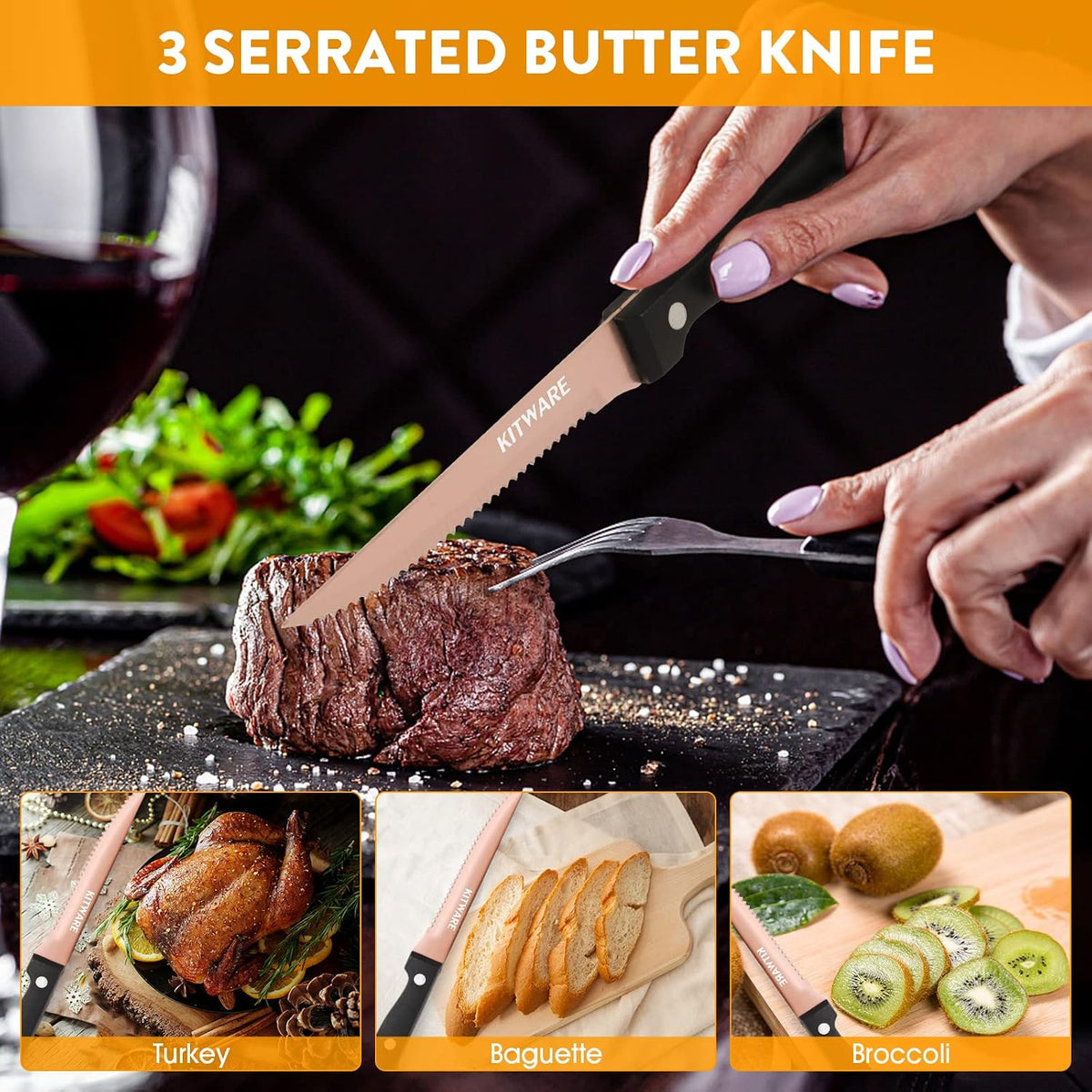 Rose Gold Steak Knife Set, 6-Piece, 4.5 Inch Serrated, Stainless Steel Tableware Cutlery for Vegetables, Meat, Bread and Butter