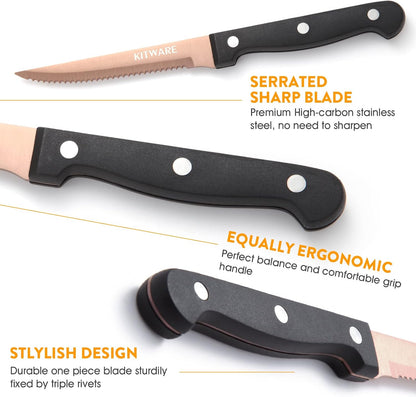 Rose Gold Steak Knife Set, 6-Piece, 4.5 Inch Serrated, Stainless Steel Tableware Cutlery for Vegetables, Meat, Bread and Butter