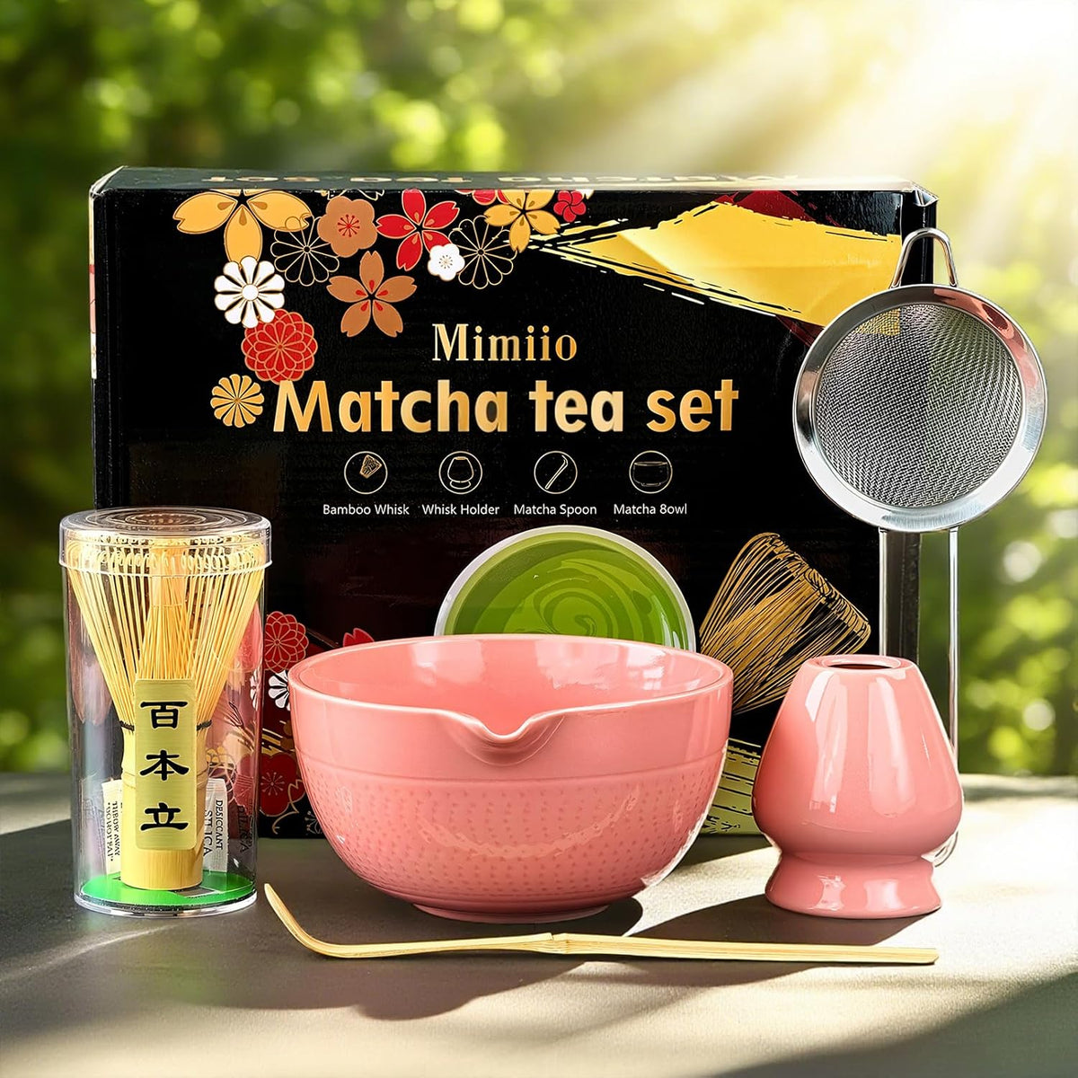Pink Matcha Whisk Set, 5 Pcs - Pink, Ceramic & Bamboo, Japanese Traditional Matcha, Includes Bowl, Whisk, Holder, Sifter, Scoop