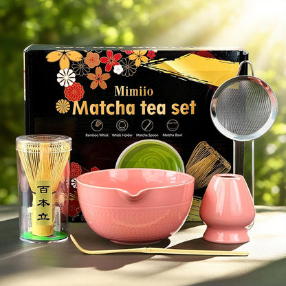 Pink Matcha Whisk Set, 5 Pcs - Pink, Ceramic & Bamboo, Japanese Traditional Matcha, Includes Bowl, Whisk, Holder, Sifter, Scoop