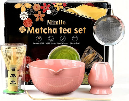 Pink Matcha Whisk Set, 5 Pcs - Pink, Ceramic & Bamboo, Japanese Traditional Matcha, Includes Bowl, Whisk, Holder, Sifter, Scoop