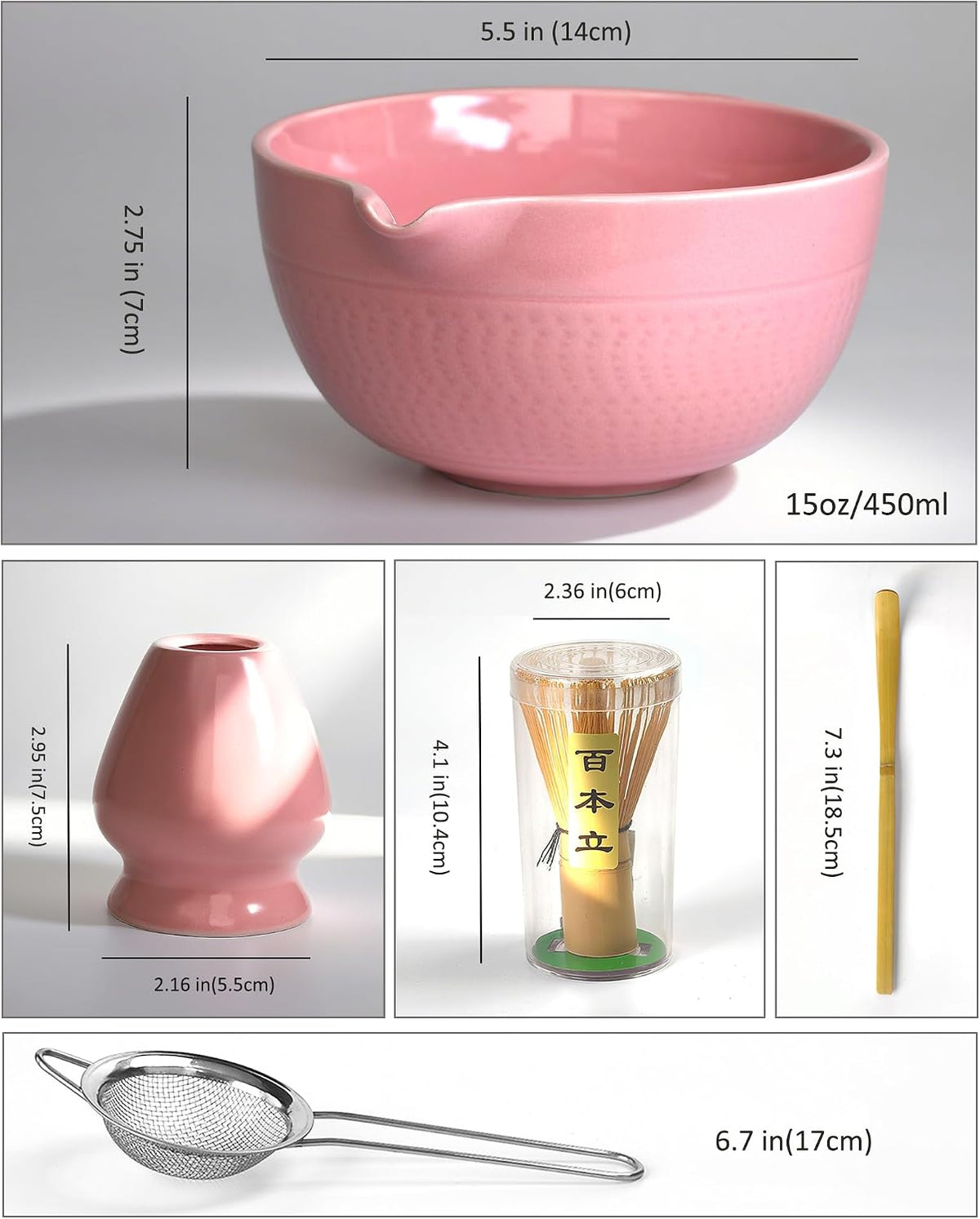 Pink Matcha Whisk Set, 5 Pcs - Pink, Ceramic & Bamboo, Japanese Traditional Matcha, Includes Bowl, Whisk, Holder, Sifter, Scoop