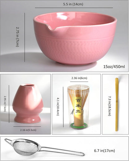 Pink Matcha Whisk Set, 5 Pcs - Pink, Ceramic & Bamboo, Japanese Traditional Matcha, Includes Bowl, Whisk, Holder, Sifter, Scoop