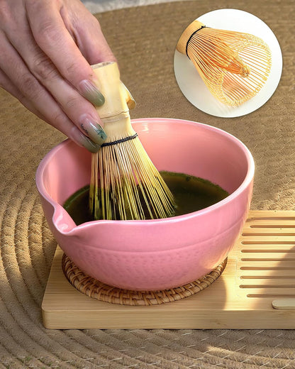Pink Matcha Whisk Set, 5 Pcs - Pink, Ceramic & Bamboo, Japanese Traditional Matcha, Includes Bowl, Whisk, Holder, Sifter, Scoop
