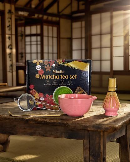 Pink Matcha Whisk Set, 5 Pcs - Pink, Ceramic & Bamboo, Japanese Traditional Matcha, Includes Bowl, Whisk, Holder, Sifter, Scoop