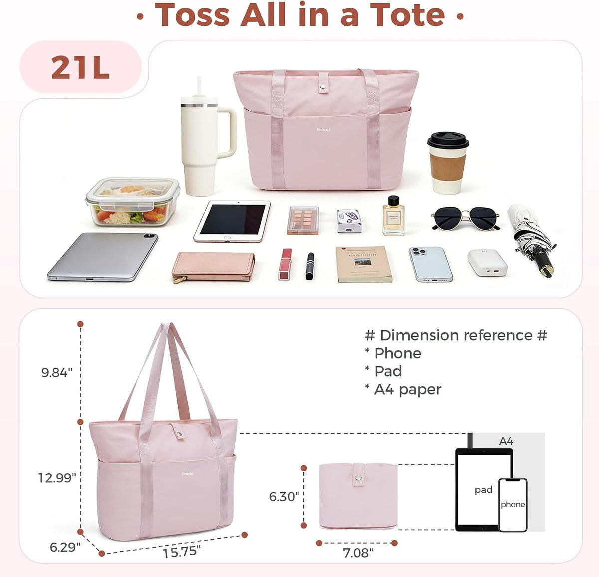 Ceneda Foldable Tote Bag for Women, Lightweight Work Bag with Dual Inner Cup Holders, Daily Handbag for Travel, Gym, Grocery