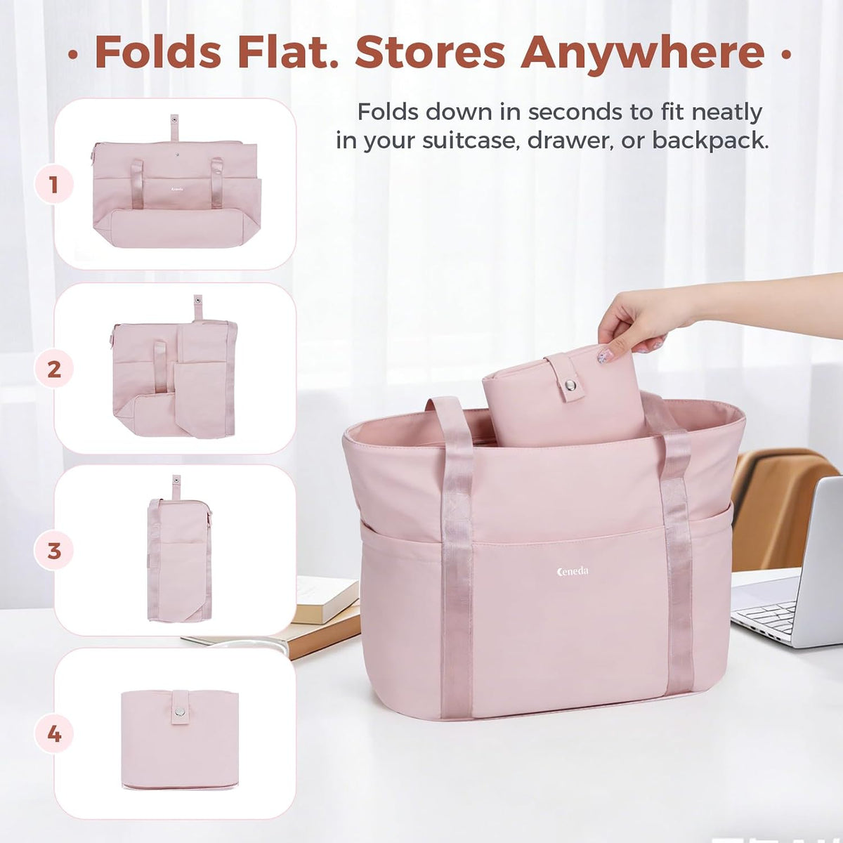 Ceneda Foldable Tote Bag for Women, Lightweight Work Bag with Dual Inner Cup Holders, Daily Handbag for Travel, Gym, Grocery