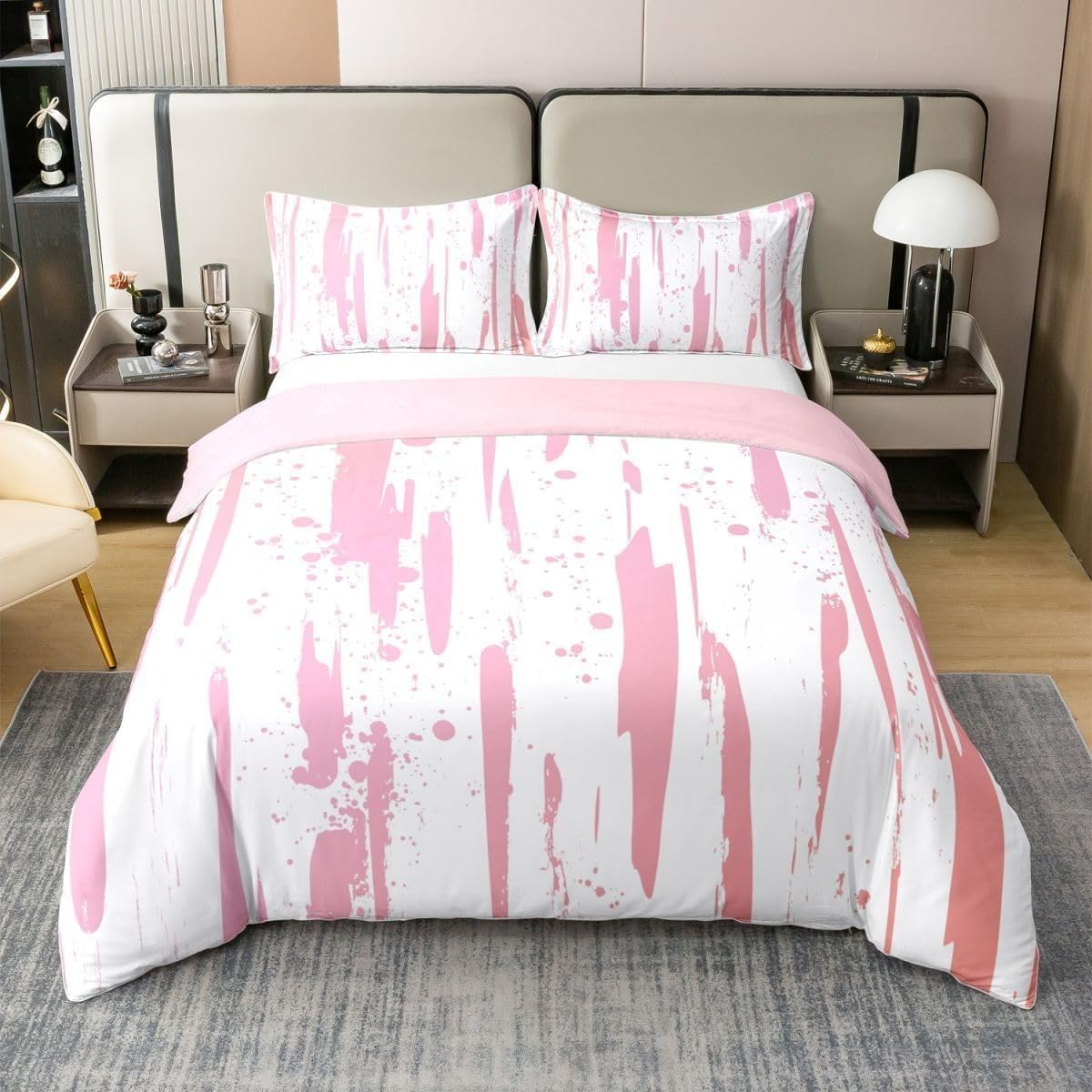Ink Splatter Duvet Cover Queen Size Pink Bedding Set 3 Pcs Super Soft Breathable, 1 Reversible Duvet Covers with Zipper Closure and 2 Pillow Shams