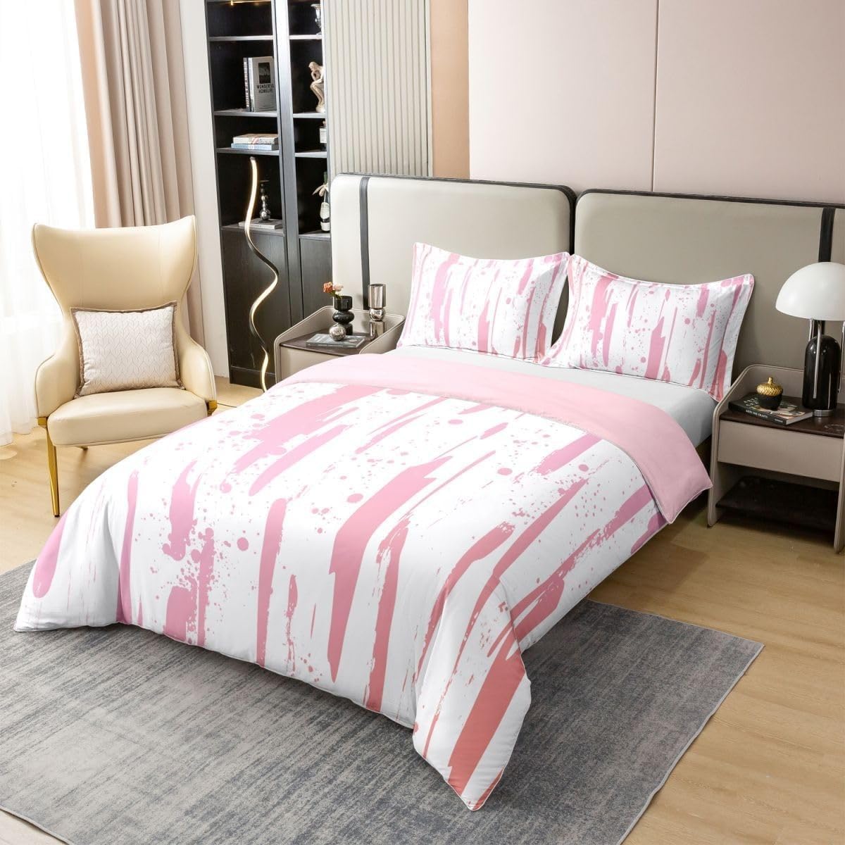 Ink Splatter Duvet Cover Queen Size Pink Bedding Set 3 Pcs Super Soft Breathable, 1 Reversible Duvet Covers with Zipper Closure and 2 Pillow Shams