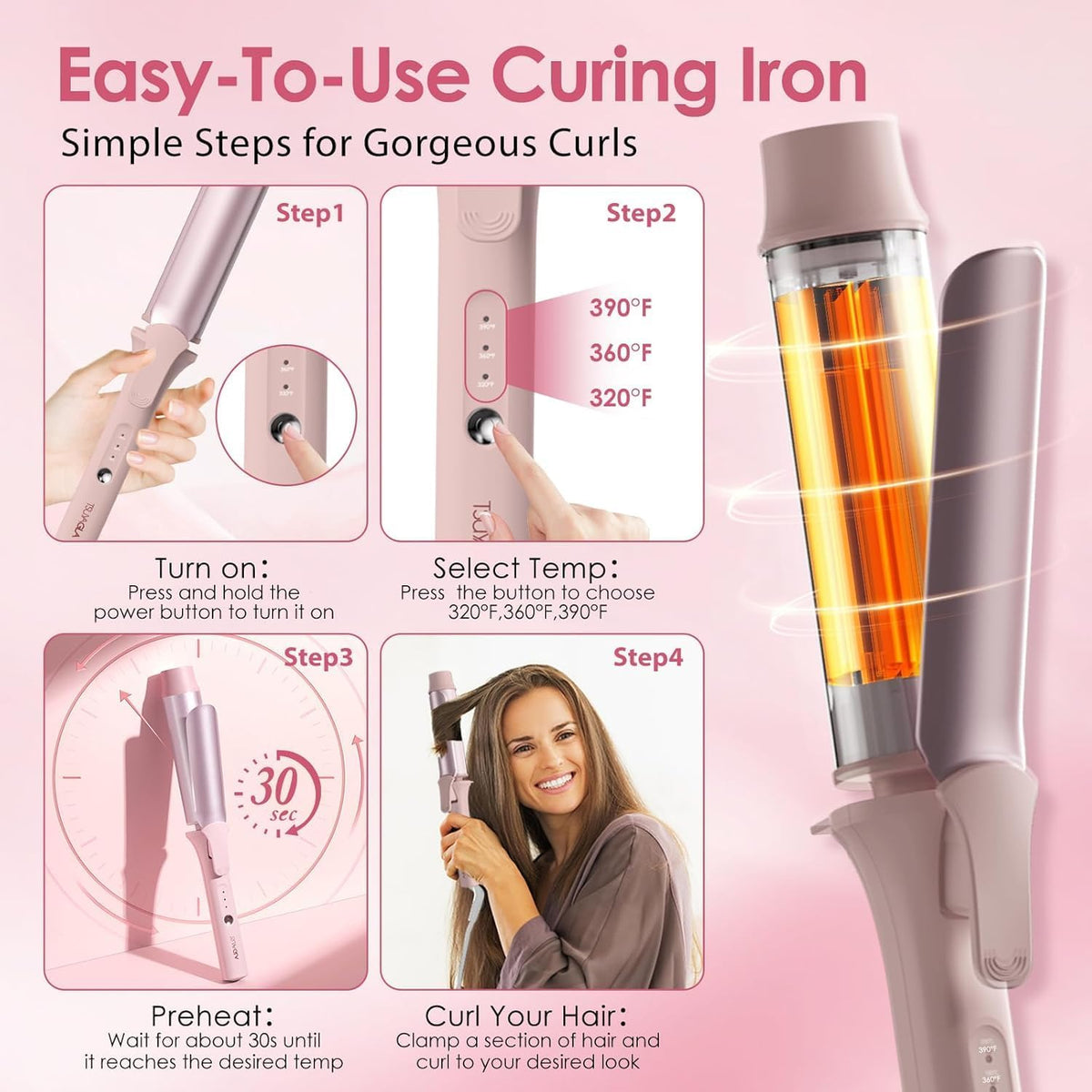 Large Hair Curling Wand, 1.6 Inch Long Barrel Curling Iron Ceramic