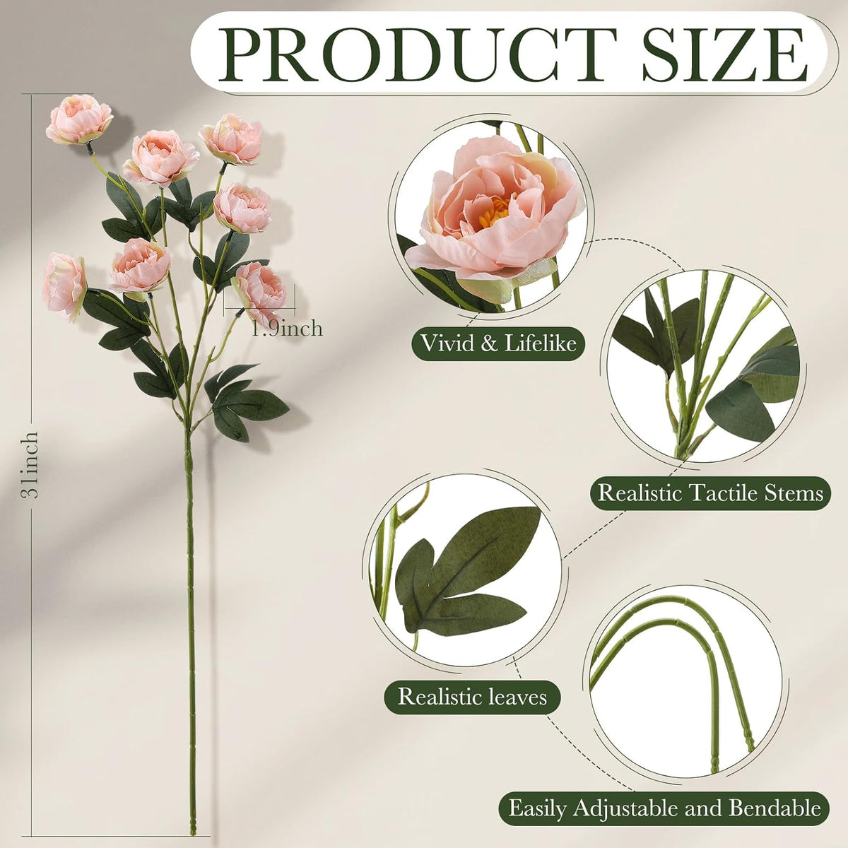 6 Pcs 32" Large Pink Artificial Peonies Stems Flowers, Real Look Faux Silk Peony Bouquet 42 Heads Total for Vase Filler, Farmhouse Rustic Neutral Home Decor, Wedding Centerpieces