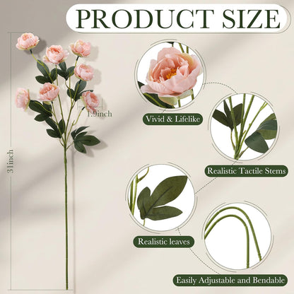 6 Pcs 32" Large Pink Artificial Peonies Stems Flowers, Real Look Faux Silk Peony Bouquet 42 Heads Total for Vase Filler, Farmhouse Rustic Neutral Home Decor, Wedding Centerpieces