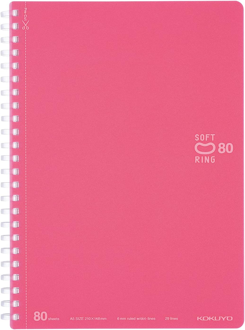 KOKUYO Spiral Lined Notebook, 8.3'' x 5.8'' Pastel Journal A5 Soft Ring Notebooks with Dot 6 mm Ruled, 80 Sheets, Light Pink 1 Subject Notebook, Note Taking for School (SU-SV338BT-LP)