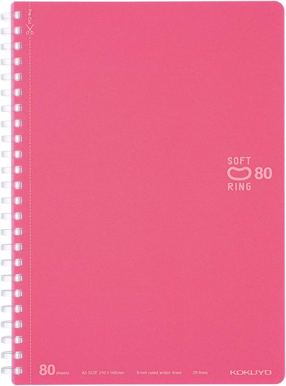 KOKUYO Spiral Lined Notebook, 8.3'' x 5.8'' Pastel Journal A5 Soft Ring Notebooks with Dot 6 mm Ruled, 80 Sheets, Light Pink 1 Subject Notebook, Note Taking for School (SU-SV338BT-LP)
