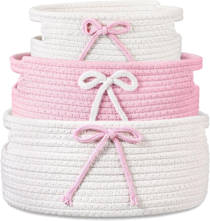 3 Pcs Pink Woven Storage Basket with Handles Pink, White