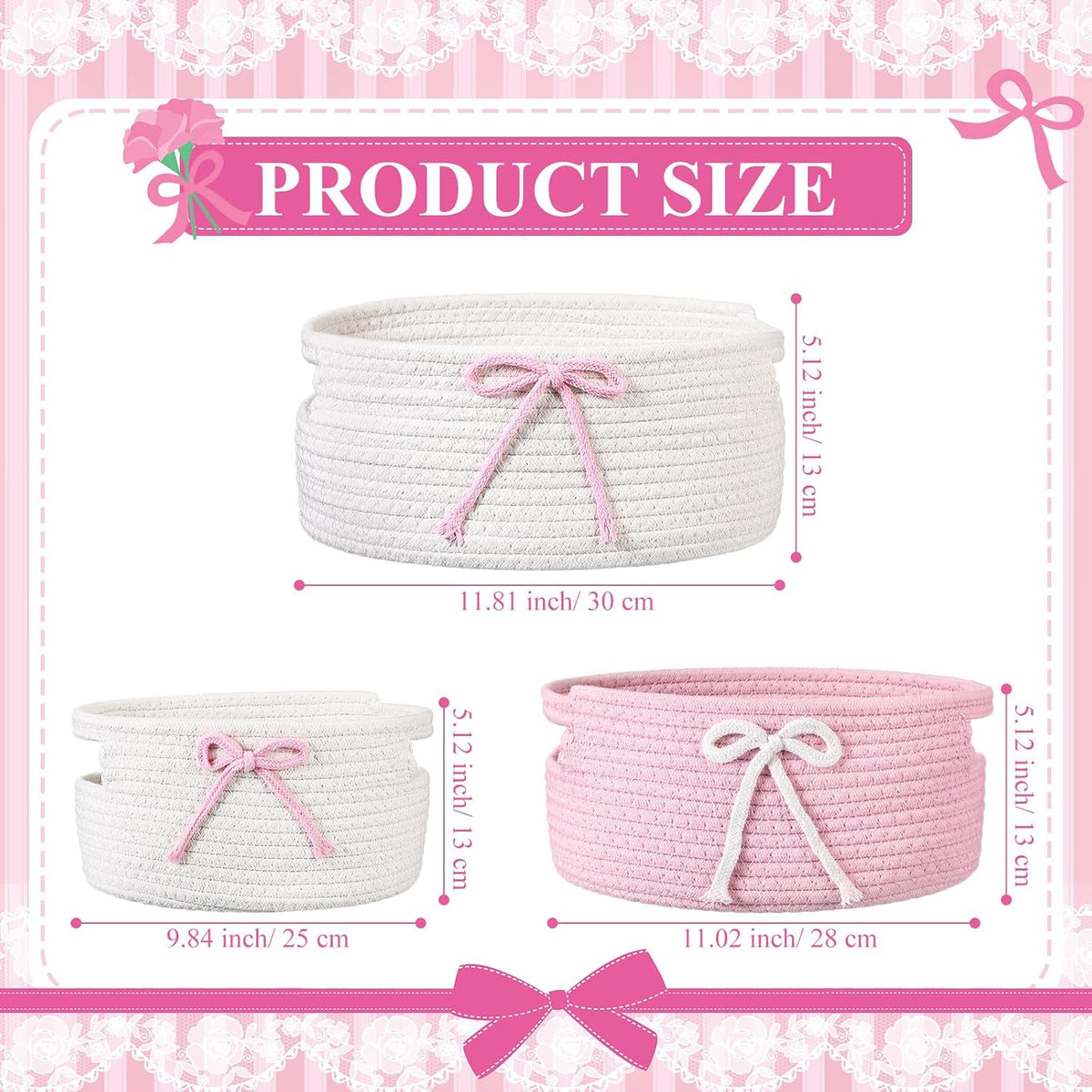 3 Pcs Pink Woven Storage Basket with Handles Pink, White