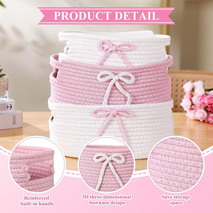 3 Pcs Pink Woven Storage Basket with Handles Pink, White