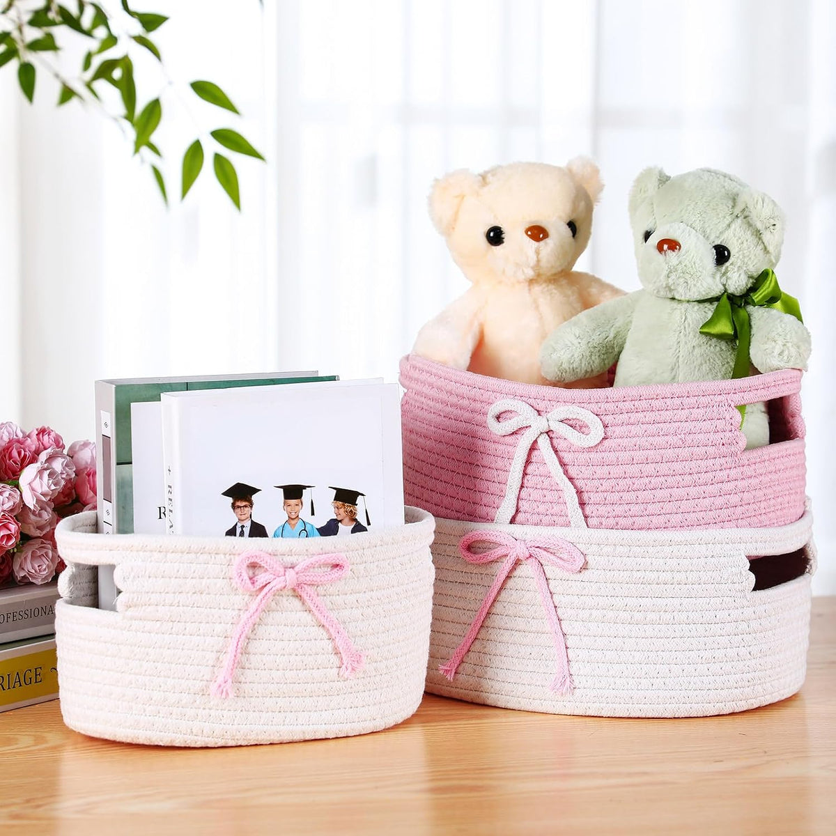 3 Pcs Pink Woven Storage Basket with Handles Pink, White