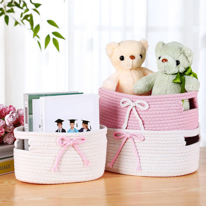 3 Pcs Pink Woven Storage Basket with Handles Pink, White