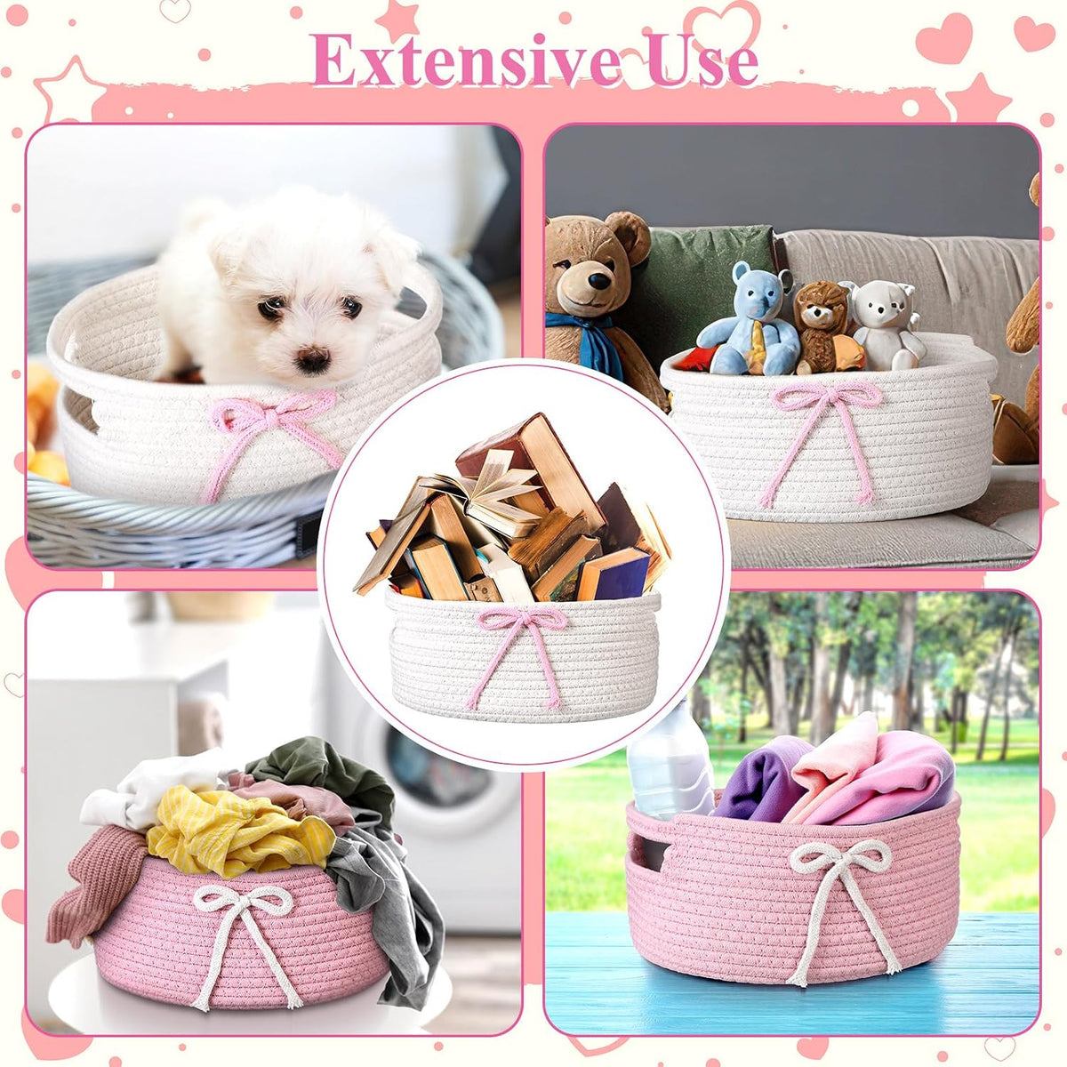 3 Pcs Pink Woven Storage Basket with Handles Pink, White