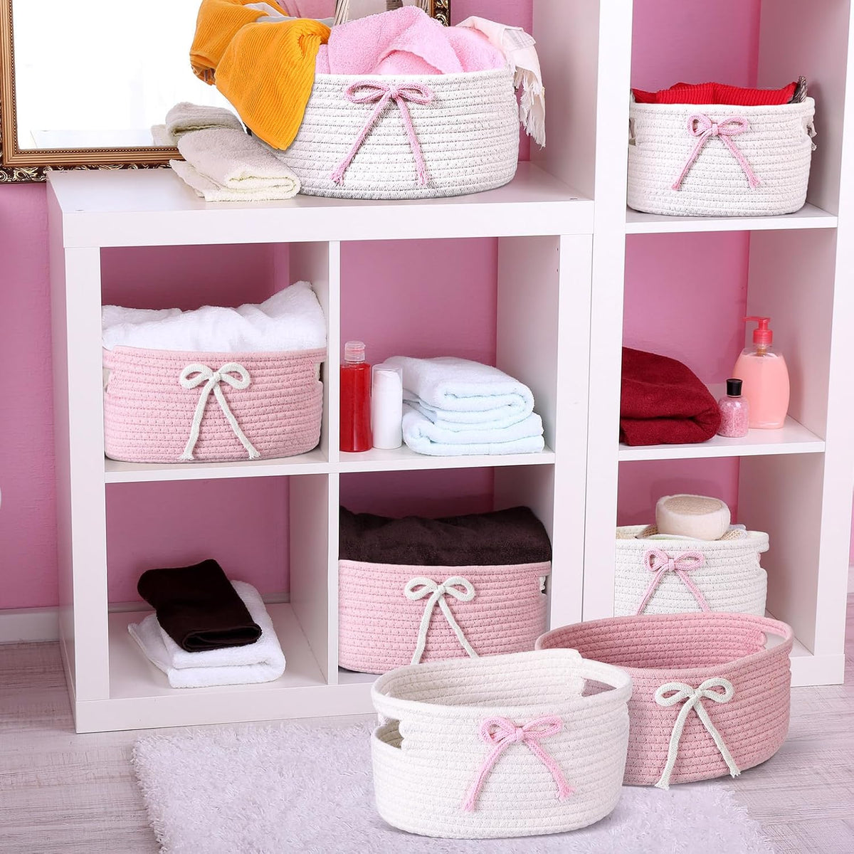3 Pcs Pink Woven Storage Basket with Handles Pink, White