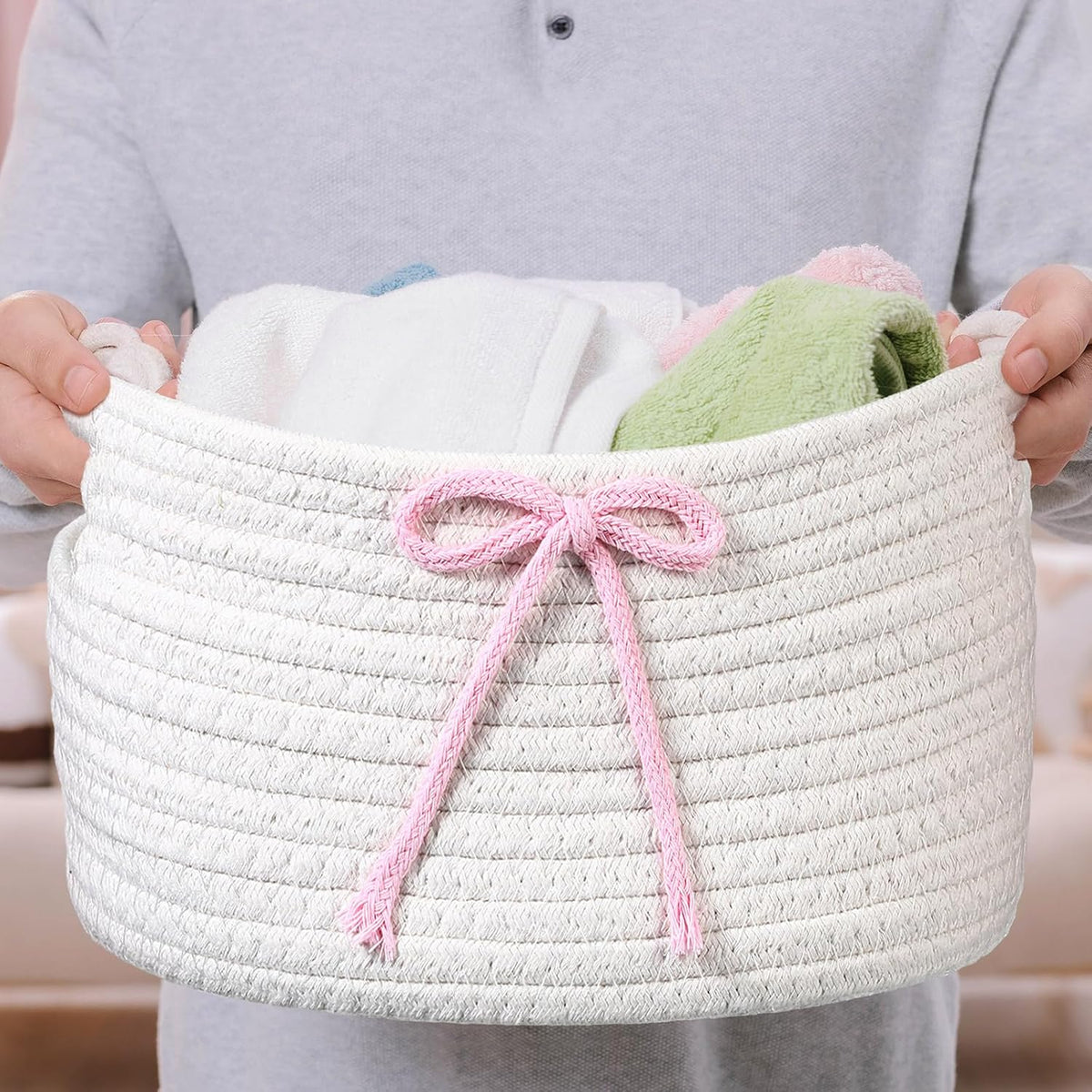 3 Pcs Pink Woven Storage Basket with Handles Pink, White