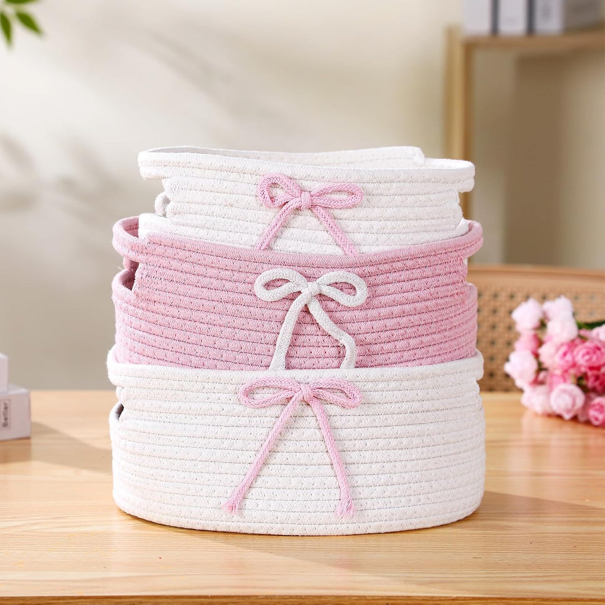 3 Pcs Pink Woven Storage Basket with Handles Pink, White