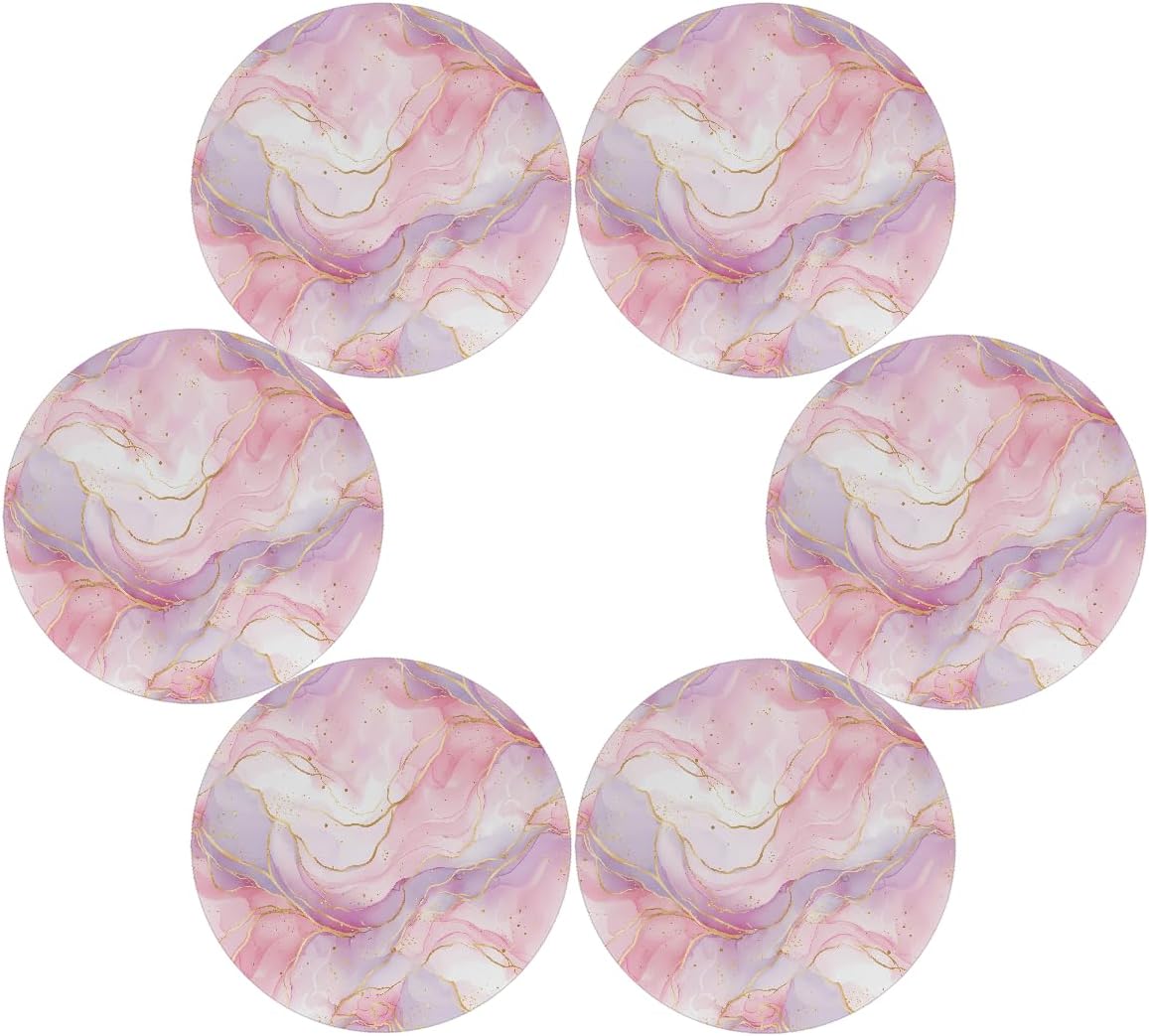 15 Inch Round Placemats Set of 6 - Pinkish Purple Marble Washable Heat Resistant Table Mats, Non Slip Wipeable Place Mats for Kitchen Dining Holiday Party Table Decor, Indoor & Outdoor Use