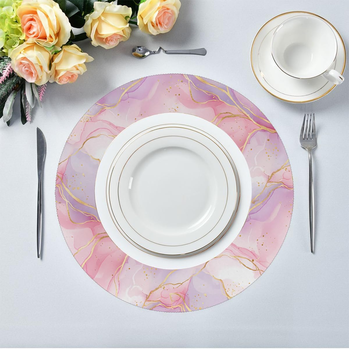 15 Inch Round Placemats Set of 6 - Pinkish Purple Marble Washable Heat Resistant Table Mats, Non Slip Wipeable Place Mats for Kitchen Dining Holiday Party Table Decor, Indoor & Outdoor Use