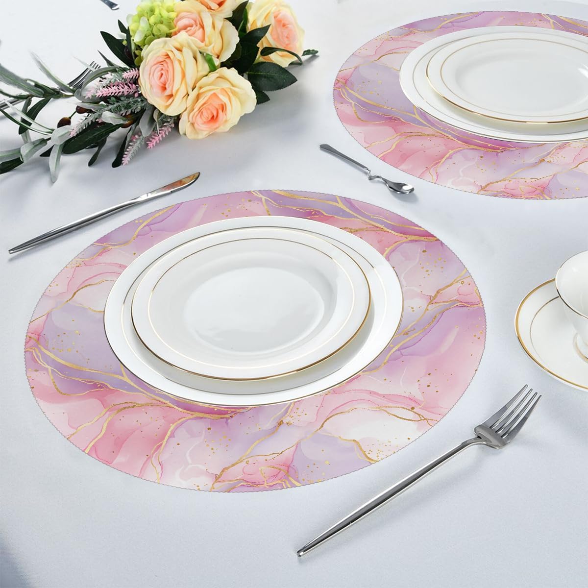15 Inch Round Placemats Set of 6 - Pinkish Purple Marble Washable Heat Resistant Table Mats, Non Slip Wipeable Place Mats for Kitchen Dining Holiday Party Table Decor, Indoor & Outdoor Use