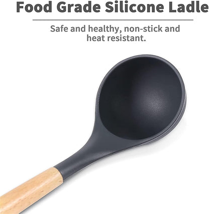 Heat Resistant Soup Ladle with Wooden - 4 Colors, Perfect for Cooking & Serving Soup, Sauce, Chili, Gravy & Salad - Kitchen Essential (Pink) Deep Gray