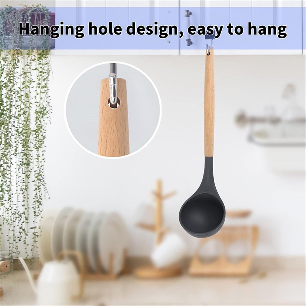 Heat Resistant Soup Ladle with Wooden - 4 Colors, Perfect for Cooking & Serving Soup, Sauce, Chili, Gravy & Salad - Kitchen Essential (Pink) Deep Gray