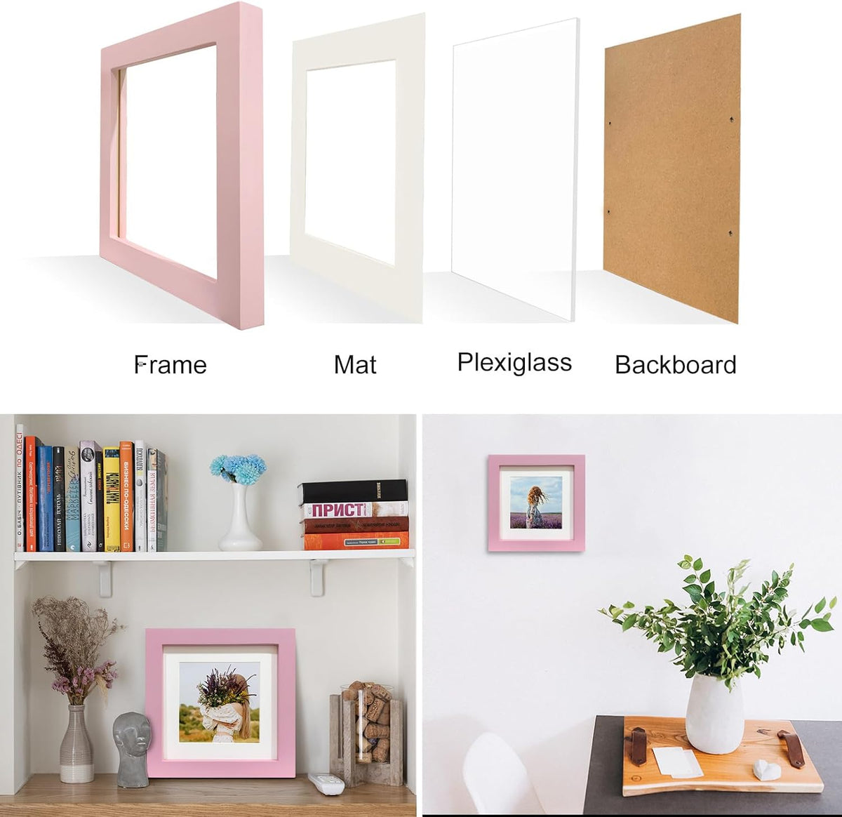 6x6 Pink Picture Frames, Square Solid Wood Photo Frame for Tabletop or Wall Mounting